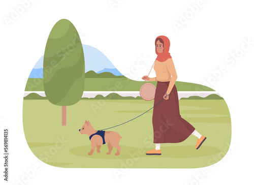 Going to dog park for leisure 2D vector isolated illustration. Happy young woman walking canine on leash flat character on cartoon background. Colorful editable scene for mobile, website, presentation
