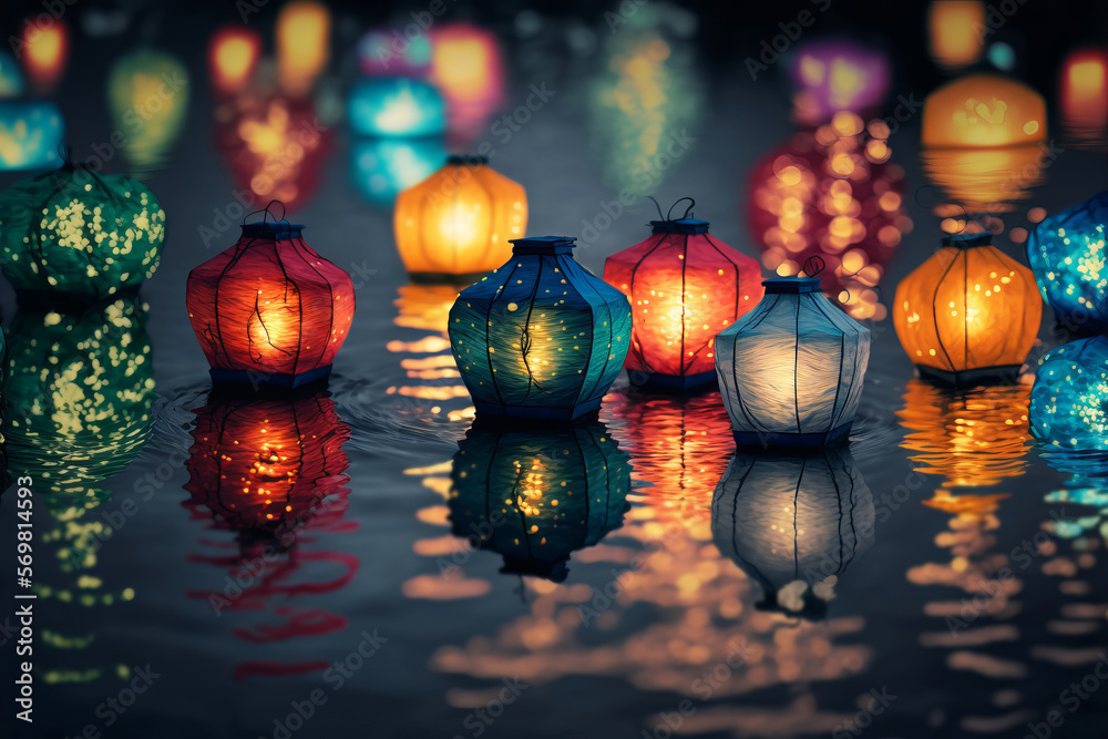 Paper lanterns float on dark water. Traditional Floating Lantern