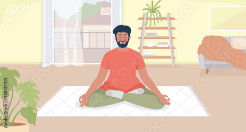 Morning meditation for gratitude flat color vector illustration. Smiling bearded man relaxing on throw rug. Fully editable 2D simple cartoon character with cozy living room interior on background