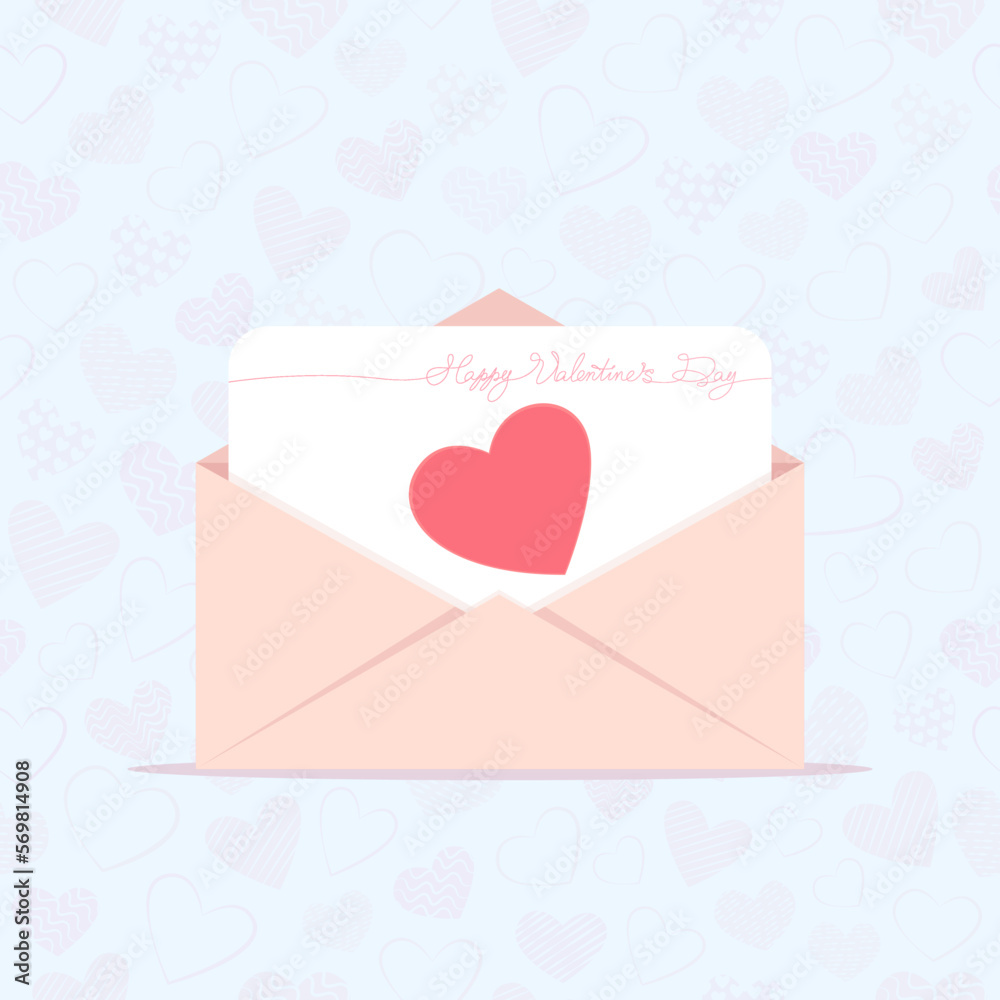 Valentine's Day greeting card letter, calligraphic inscription with pink heart. Open envelope with a congratulatory letter, vector illustration. Happy St. Valentine