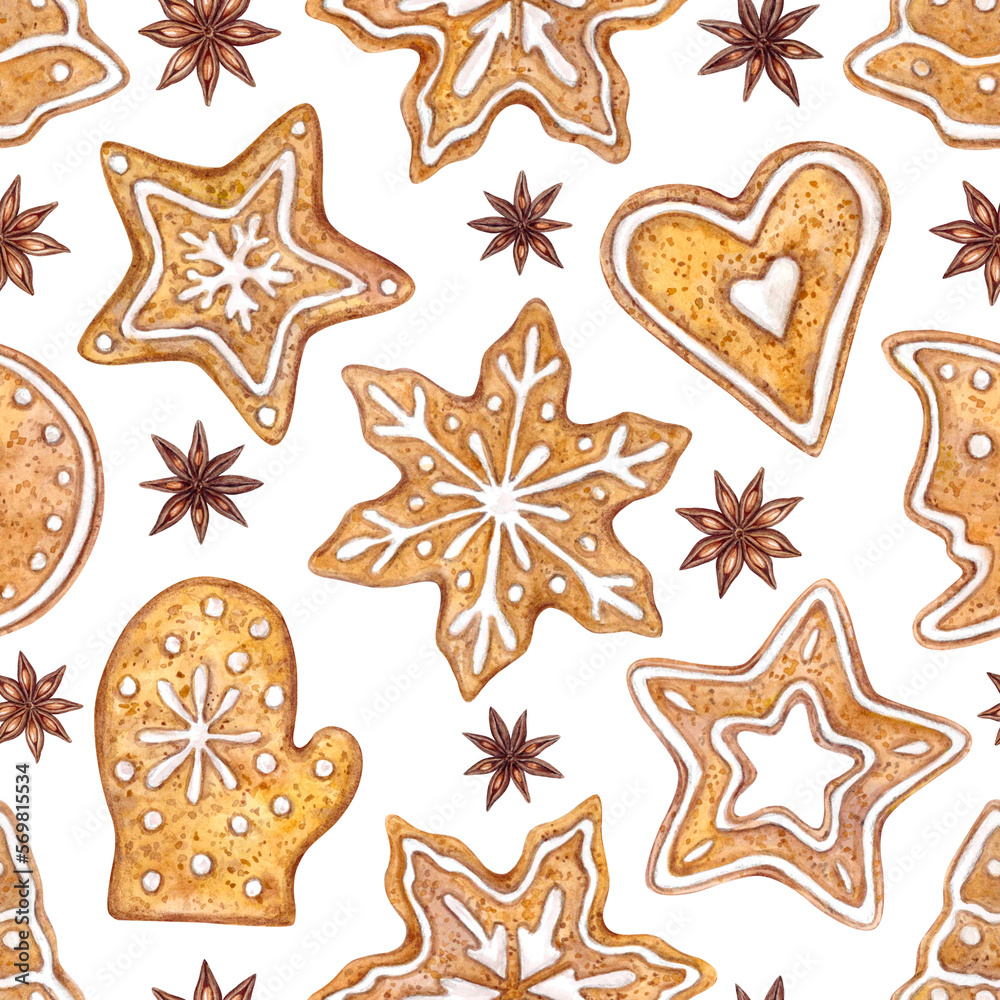 Seamless watercolor background with differently shaped Christmas gingerbread decorated with icing and star anise, on white. Festive design for textiles, packaging, covers. Seamless watercolor background with differently shaped Christmas gingerbread decorated with icing and star anise, on white. Festive design for textiles, packaging, covers.