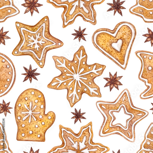 Seamless watercolor background with differently shaped Christmas gingerbread decorated with icing and star anise, on white. Festive design for textiles, packaging, covers.
