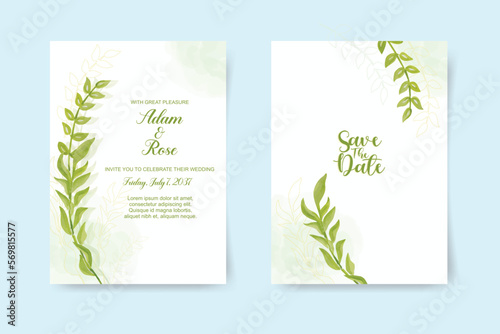 Elegant leaves gold wedding invitation. watercolor vector illustration