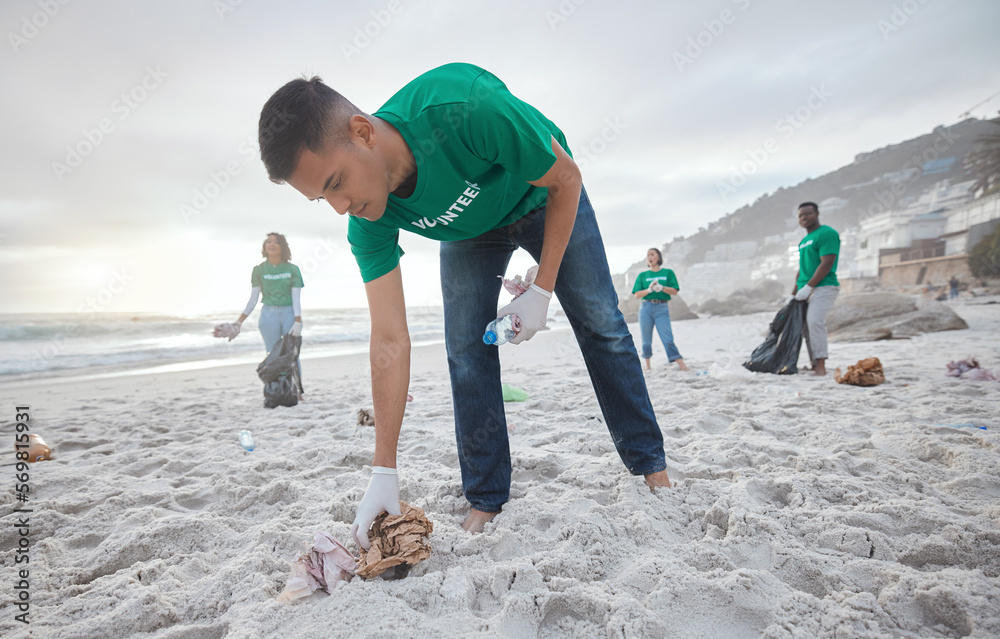 Teamwork Cleaning And Recycling With Man On Beach For Sustainability
