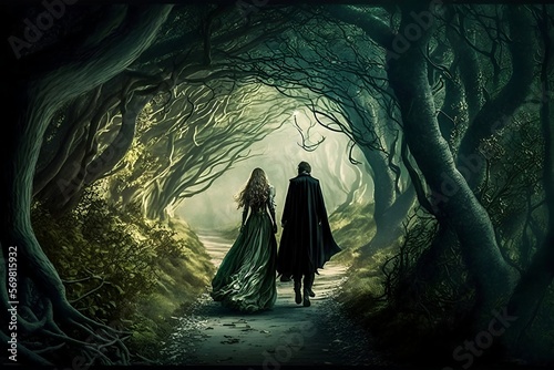 a couple of people walking through a forest, a storybook illustration, deviantart, gothic art, wearing fantasy formal clothing, still image from tv series, c photo