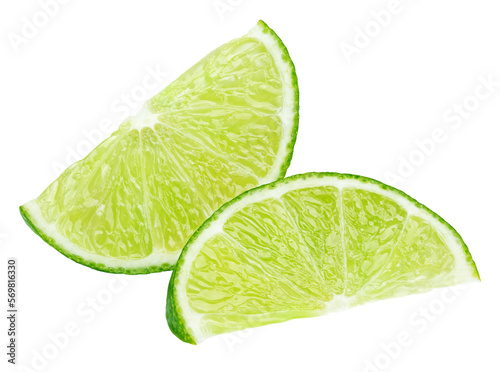 Two ripe slices of green lime citrus fruit isolated on transparent background