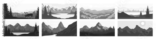 Mountain Landscape. Monochrome landscape vector. Forest banner set.	