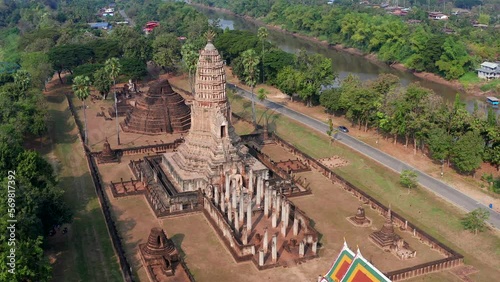 Aerial view of Wat Phra Sri Rattana Mahathat Rajaworaviharn temple and buddha in Si Satchanalai historical park, Thailand