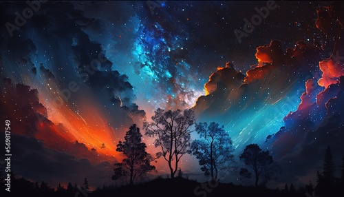 dreamlike gradient sky at night time with nature landscape  idea for background wallpaper  Generative Ai
