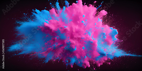 Explosion of pink and blue powder. Freeze motion of color powder exploding. Generative AI.