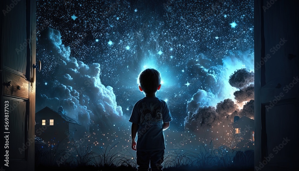 a kid watching out at big window open to galaxy sky, midnight time, idea for imagination and dream concept, Generative Ai	
 - obrazy, fototapety, plakaty 