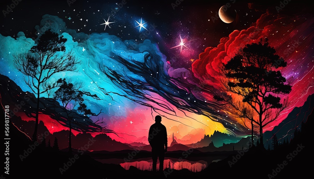 Naklejka premium dreamlike gradient sky at night time, a man stargazer watch at starfield, idea for background wallpaper, Generative Ai 