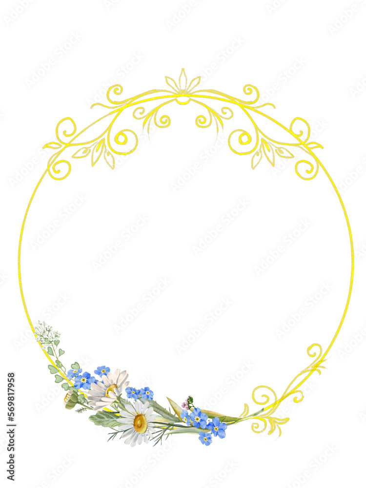 Round gold frame with ornament and wild flowers. Round gold frame with ornament and wild flowers.