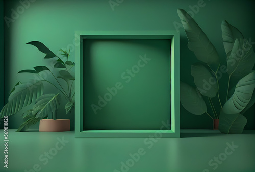 beautiful empty wooden frame on green wall room background,  spathiphyllum cannifolium leaves plant, abstract vintage botanical decoration, Ai generated