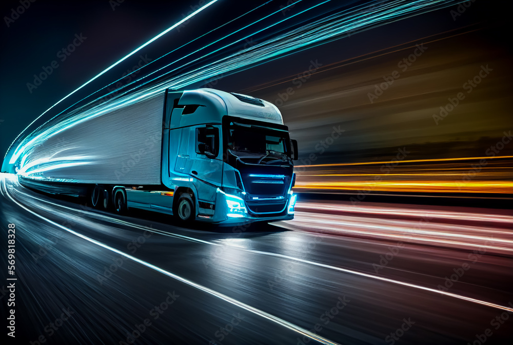 Truck driving on highway at night, car headlight light trail speed motion blur,futuristic logistic transportation background, AI generated Truck driving on highway at night, car headlight light trail speed motion blur,futuristic logistic transportation background, AI generated