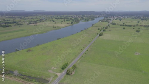 Macleay Valley Way And Floodplains Along Macleay River Near Kempsey City Centre In New South Wales, Australia. wide aerial photo