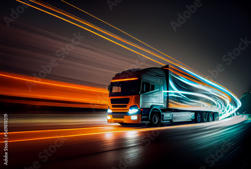 Truck driving on highway at night, car headlight light trail speed motion blur,futuristic logistic transportation background, AI generated