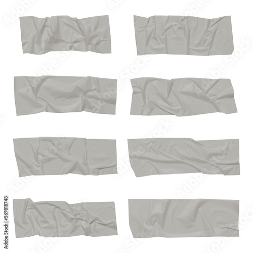 White scotch tape on white background, crumpled sticky tape, different sizes.