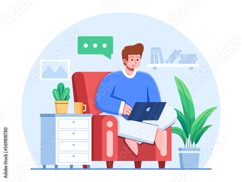 A man works on his laptop while seated comfortably on a sofa in his home.
A freelancer works efficiently from anywhere with just his laptop.
Can be used for web, landing page, blog, etc.