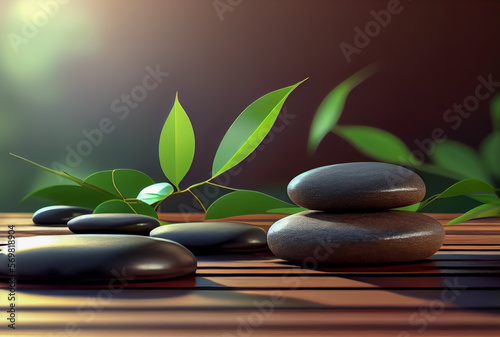 relax zen stone on wooden terrace with bamboo leaves, japanese still life meditation treatment spa concept, AI generated