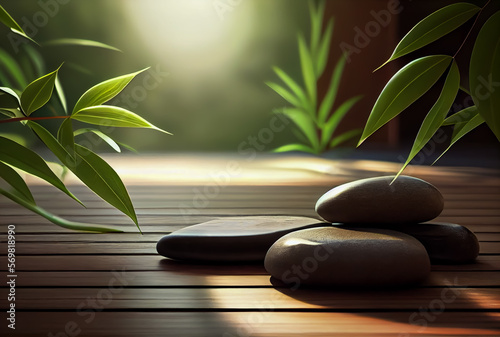 relax zen stone on wooden terrace with bamboo leaves, japanese still life meditation treatment spa concept, AI generated