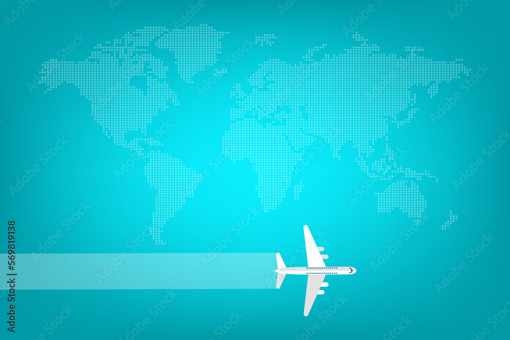 Passenger airplane flight with a world map background. Passenger airplane flight with a world map background.