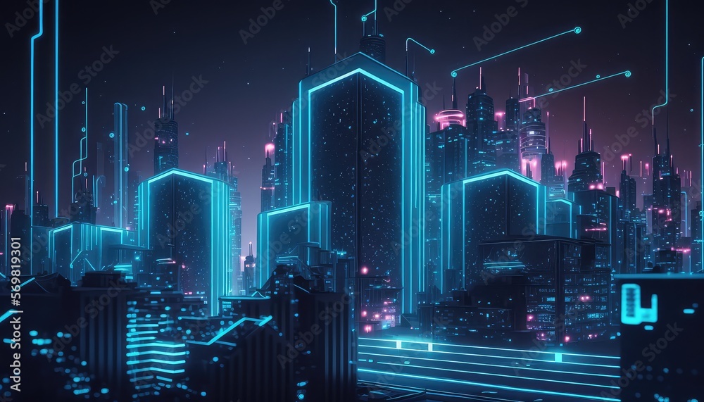 Futuristic infrastructure of a smart night city. Blue neon colors. Connection technology metaverse concept. AI - obrazy, fototapety, plakaty 