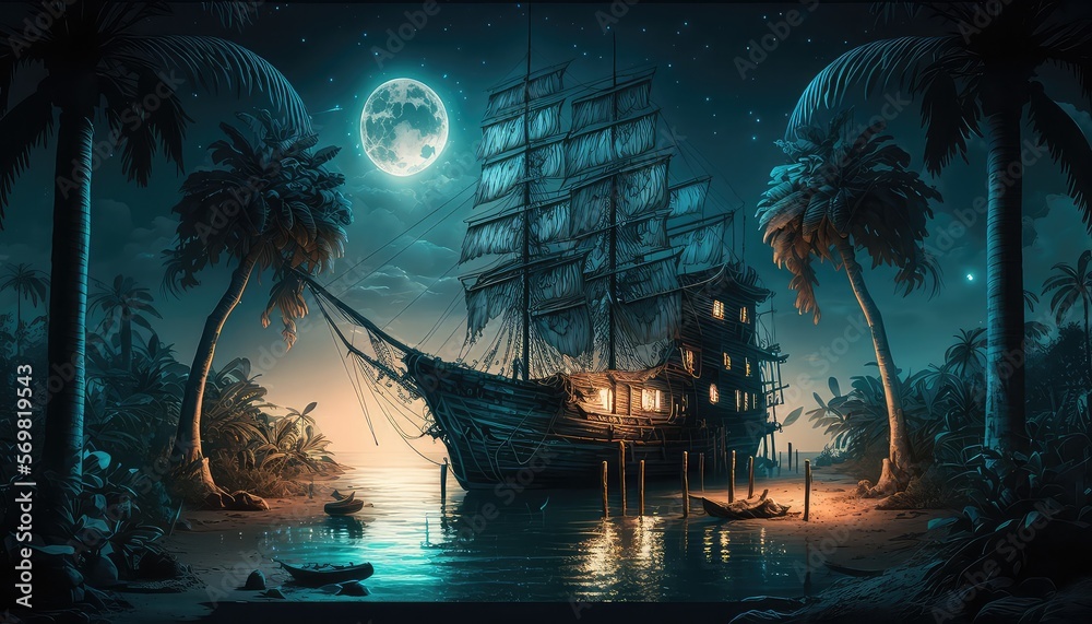 old wooden ship in bay surrounded by palm trees. Sea shores, pirates ...
