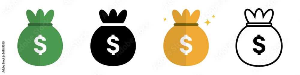 Dollar bag icon set with different styles. Money bags. Vector. Dollar bag icon set with different styles. Money bags. Vector.