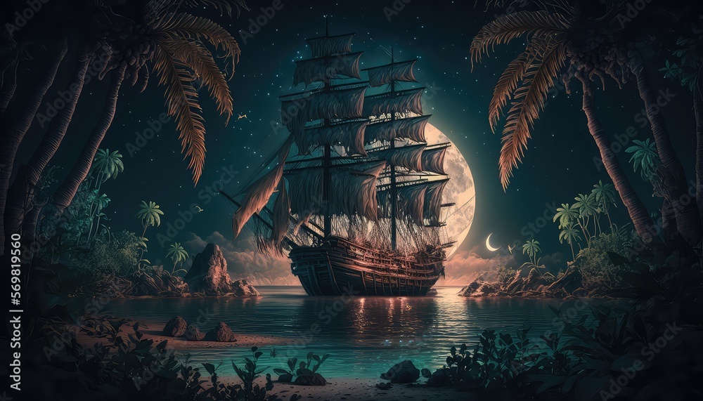 old wooden ship in bay surrounded by palm trees. Sea shores, pirates ...