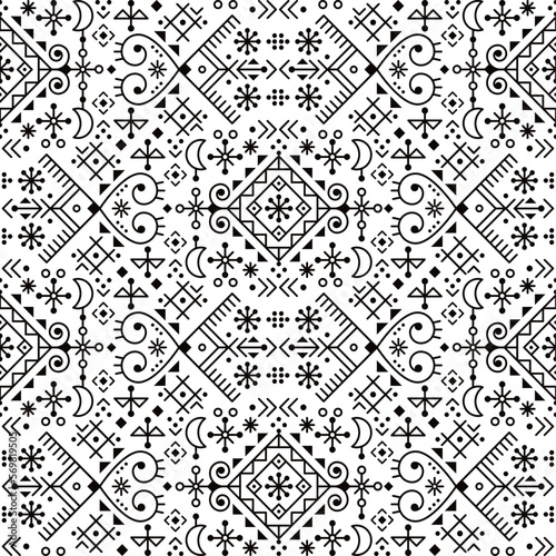 Icelandic rune art inspired vector seamless pattern, geometric tribal line art decoration with moons and abstract shapes