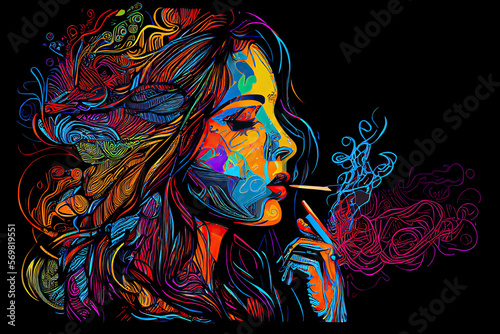 Colourful psychedelic line art with the abstract smoking woman