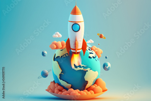 An imaginative depiction of space travel, with a bright and dynamic rocket ready for liftoff with planet Earth and other planets behind isolated on light blue background. Generative AI photo
