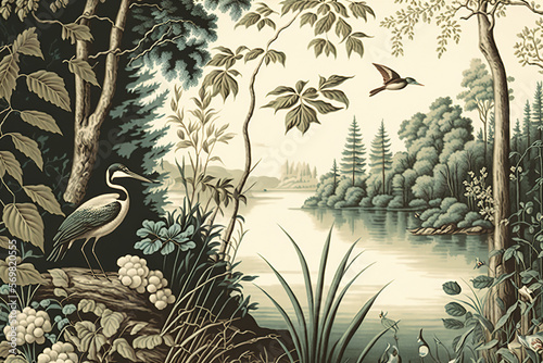 Vintage wallpaper of forest landscape with lake, plants, trees, birds, herons, butterflies and insects © Walid