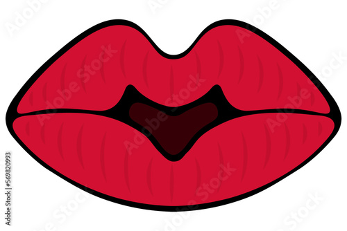 Lips painted with red lipstick. The mouth is complex in the shape of a duck. Air kiss. Color vector illustration. Cartoon style. Outline on isolated background.