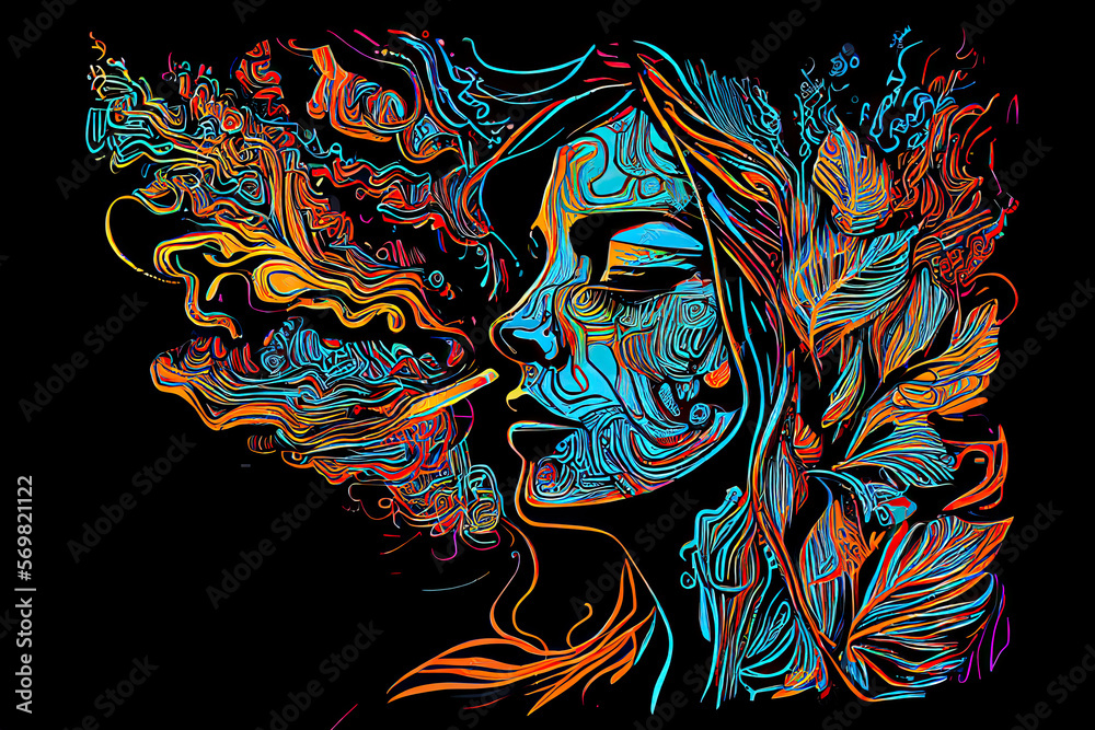 Colourful psychedelic line art with the abstract smoking woman