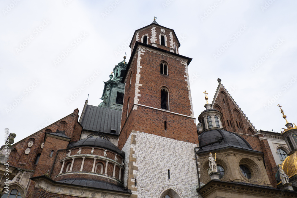 Fototapeta premium Royal Wawel royal castle in Krakow in rainy early spring weather in Poland. historic castle in the old city Gardens and cathedra, Cracow, Poland. Travel attraction