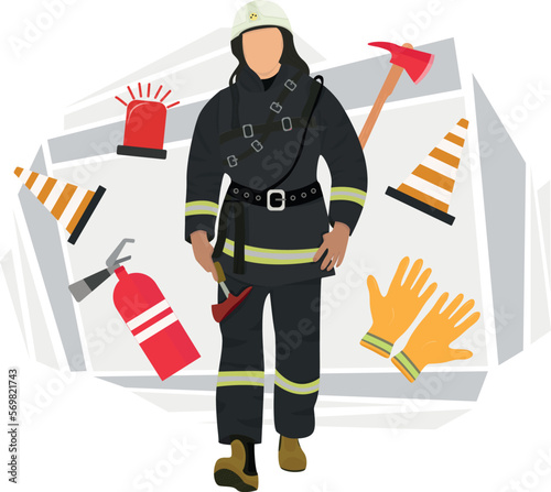Concept rescuer with tools gloves fire extinguisher ax on stone background vector illustration