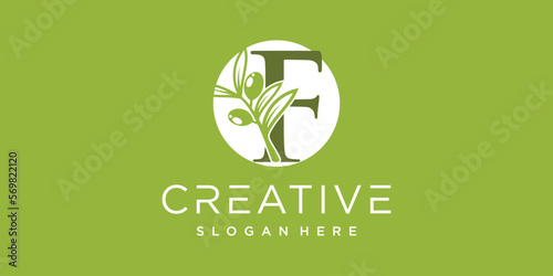 Letter logo F with olive branches illustration of green leaves Premium Vector