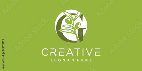 Letter logo G with olive branches illustration of green leaves Premium Vector
