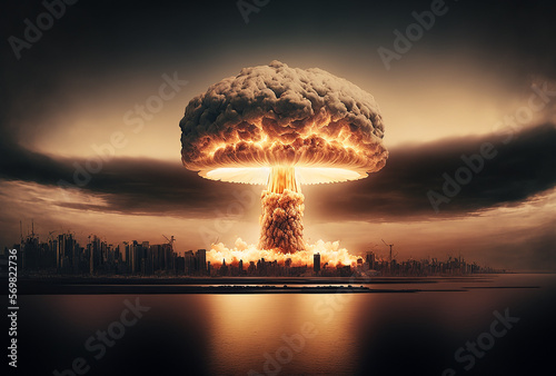 Illustration of huge nuclear bomb explosion over New York city. Generative AI.