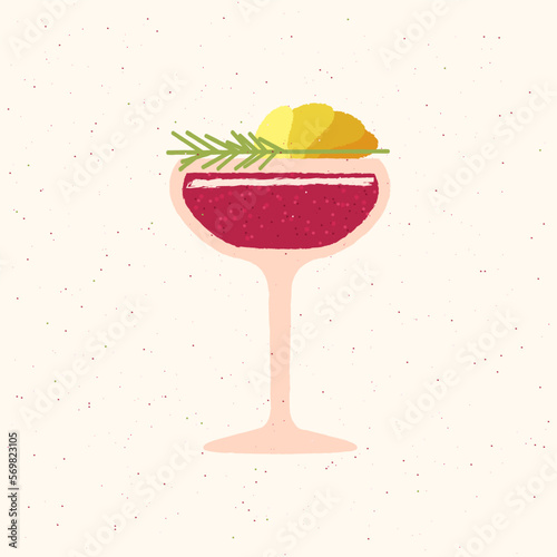 Margarita glass. Cocktail drink with rosemary and slices. Alcohol drink for event and celebration. Smoothie non-alcoholic for bar. Flat vector illustration with texture