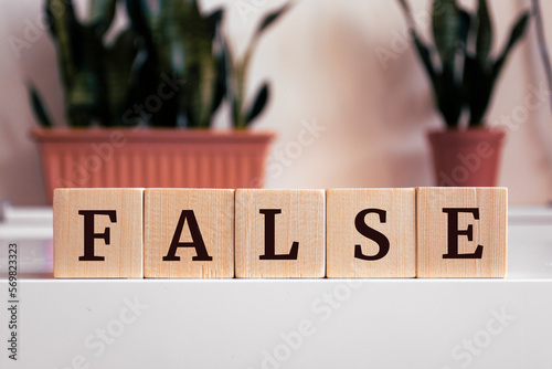 The word 'False' written on wood cube. Misleading information concept. photo