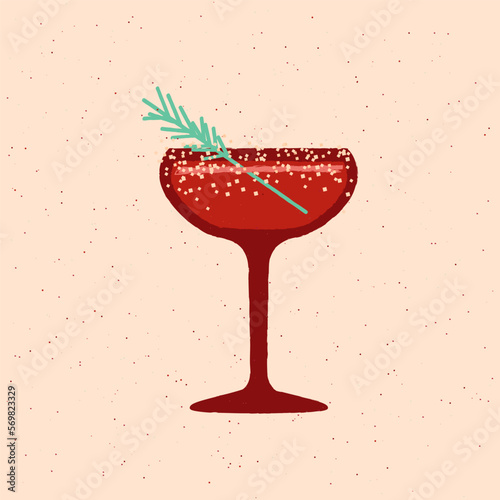 Margarita glass. Cocktail drink with rosemary and salt. Red alcohol drink for event and celebration. Wine for bar. Flat vector illustration with texture