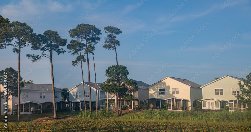 Tall thin trees on a grass field outside the residences at Destin, Florida. Panorama of houses with covered patio against the blue sky background.
