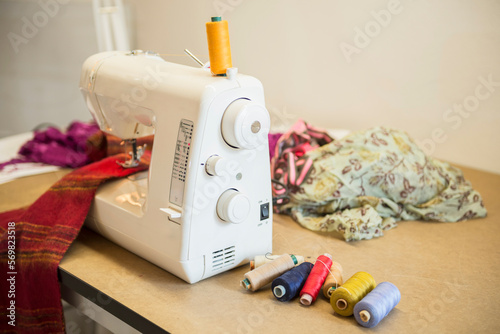 Close-up of colorful threads by sewing machine, Bavaria, Germany