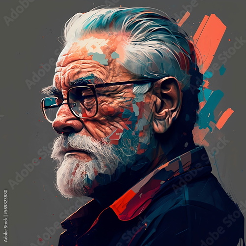 Portrait of an old man with a beard. Colorful illustration. Generative AI technology.