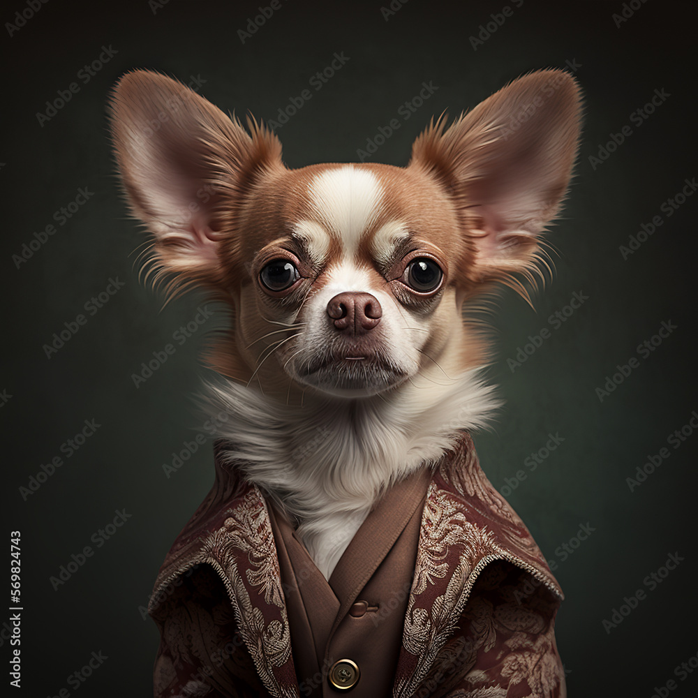 Portrait of a dog dressed in a formal business suit, chihuahua, generative ai