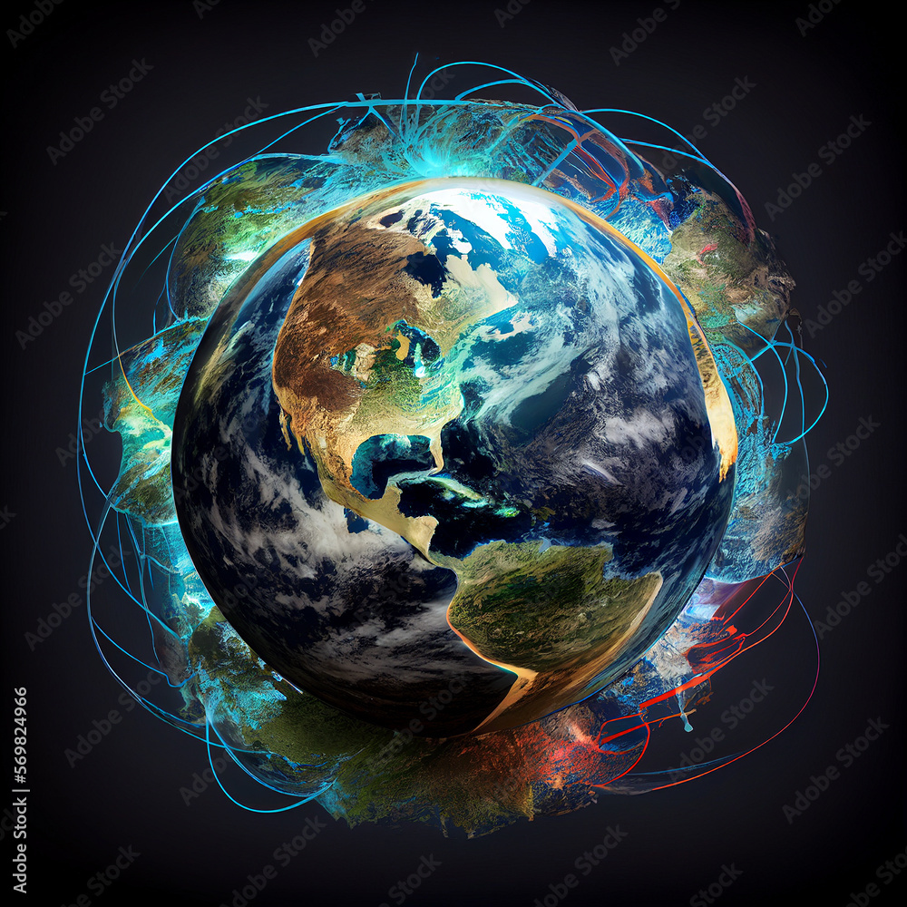 World connected by the internet, planet earth with wires, cyberspace and technology concept, generative AI
