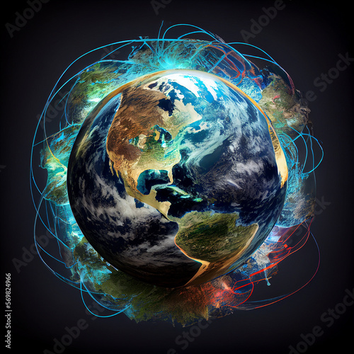 Fototapeta Naklejka Na Ścianę i Meble -  World connected by the internet, planet earth with wires, cyberspace and technology concept, generative AI
